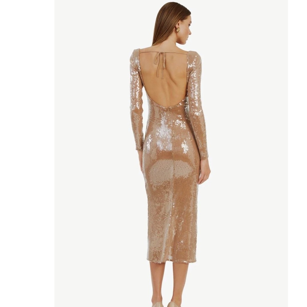 Bardot Sequin Open Back Midi Dress Tan Champagne Long Sleeve Tie Neck Size 6 - Picture 2 of 10